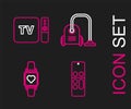 Set line Remote control, Smart watch showing heart beat rate, Vacuum cleaner and TV box receiver and player with remote