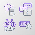 Set line Rent, Bicycle rental mobile app, Price negotiation and House contract icon. Vector