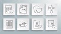 Set line Report file document, Ordered envelope, Ship with shield, Document, Safe, Tooth, Plane and Medical hospital
