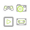 Set line Retro audio cassette tape, Play in square, Photo camera and Gamepad icon. Vector Royalty Free Stock Photo