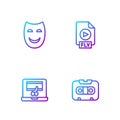 Set line Retro audio cassette tape, Video recorder on laptop, Comedy theatrical mask and FLV file document. Gradient Royalty Free Stock Photo