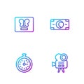 Set line Retro cinema camera, Pocket watch, Butterfly frame and Stacks paper money cash. Gradient color icons. Vector