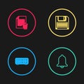 Set line Retro flip clock, Ringing bell, Floppy disk and Delete file document icon. Vector Royalty Free Stock Photo