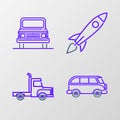 Set line Retro minivan, Delivery cargo truck vehicle, Rocket ship with fire and Car icon. Vector