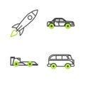 Set line Retro minivan, Formula race car, Sedan and Rocket ship with fire icon. Vector