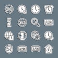 Set line Retro wall watch, Clock delete, AM, 24 hours, Old hourglass, and Magnifying with clock icon. Vector Royalty Free Stock Photo