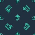 Set line Retro wall watch, Credit card with lock and Cloud computing on seamless pattern. Vector Royalty Free Stock Photo