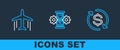 Set line Return of investment, Plane and Hourglass and gear icon. Vector