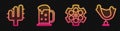 Set line Revolver cylinder, Cactus, Wooden beer mug and Wild west saddle. Glowing neon icon. Vector