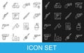 Set line Revolver gun, Hand grenade, Small revolver, Military ammunition box, Hunting, and knife icon. Vector Royalty Free Stock Photo