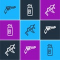 Set line Revolver gun, MP9I submachine and Weapons oil bottle icon. Vector Royalty Free Stock Photo