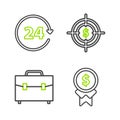 Set line Reward for good work, Briefcase, Target with dollar symbol and Clock 24 hours icon. Vector