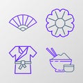 Set line Rice in a bowl with chopstick, Japanese costume Kimono, Flower and Paper chinese or japanese folding fan icon