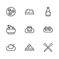 Set line Rice in a bowl, Sushi, Food chopsticks, Soy sauce, bottle, and with fish icon. Vector
