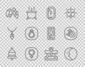 Set line Ringing alarm bell, Moon, Magic runes, Venus, stone, Mars, Bottle with potion and Comet falling down fast icon