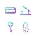 Set line Ringing alarm bell, Old key, Credit card and Parking car barrier. Gradient color icons. Vector Royalty Free Stock Photo