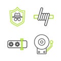 Set line Ringing alarm bell, Password protection, Barbed wire and Incognito mode icon. Vector Royalty Free Stock Photo