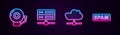 Set line Ringing alarm bell, Server, Data, Web Hosting, Network cloud connection and Spam. Glowing neon icon. Vector Royalty Free Stock Photo