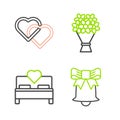 Set line Ringing bell, Bedroom, Bouquet of flowers and Two Linked Hearts icon. Vector