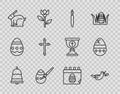 Set line Ringing bell, Peace dove with olive branch, Paint brush, Easter egg and paint, rabbit, Christian cross Royalty Free Stock Photo