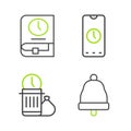 Set line Ringing bell, Waste of time, Alarm clock app mobile and Time for book icon. Vector