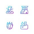 Set line Rise in water level, Global warming fire, Tornado and Nuclear power plant. Gradient color icons. Vector