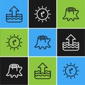 Set line Rise in water level, Tree stump and Sun icon. Vector