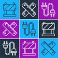 Set line Road barrier, Electric plug and Crossed ruler icon. Vector