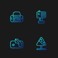 Set line Road sign avalanches, Ice hockey goal, Sport bag and Action camera. Gradient color icons. Vector