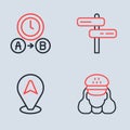 Set line Road traffic sign, Location taxi car, Taxi driver and waiting time icon. Vector