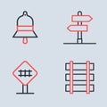 Set line Road traffic sign, Railroad crossing, Railway barrier and Train station bell icon. Vector Royalty Free Stock Photo