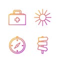 Set line Road traffic signpost, Compass, First aid kit and Sun. Gradient color icons. Vector Royalty Free Stock Photo