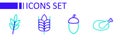 Set line Roasted turkey or chicken, Acorn, Wheat and Leaf icon. Vector