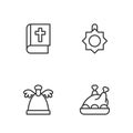 Set line Roasted turkey or chicken, Angel, Holy bible book and Christmas toy icon. Vector