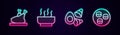 Set line Roasted turkey or chicken, Ramen soup bowl, Chicken egg with vegerables and Sushi. Glowing neon icon. Vector