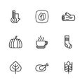 Set line Roasted turkey or chicken, Socks, Wheat, Coffee cup, Wooden log, Thermometer, Leaf and Pumpkin icon. Vector