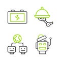 Set line Robot, Artificial intelligence, Waiter robot and Battery icon. Vector