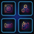 Set line Robot charging battery, blueprint, Processor with microcircuits CPU and Artificial intelligence. Gradient color Royalty Free Stock Photo