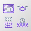 Set line Robot and digital time manager, Drone flying with action camera and Printed circuit board PCB icon. Vector Royalty Free Stock Photo