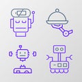 Set line Robot, Disassembled robot, Waiter and low battery charge icon. Vector