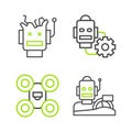 Set line Robot humanoid driving a car, Drone, setting and Broken robot icon. Vector Royalty Free Stock Photo