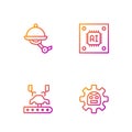 Set line Robot, Robotic robot arm on factory, Waiter and Processor with microcircuits CPU. Gradient color icons. Vector