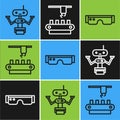 Set line Robot, Smart glasses and Factory conveyor system belt icon. Vector