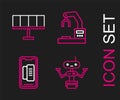 Set line Robot, Smartphone, mobile phone, Robotic robot arm hand factory and Solar energy panel icon. Vector