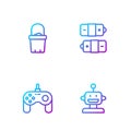 Set line Robot toy, Gamepad, Sand in bucket and Battery. Gradient color icons. Vector