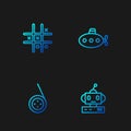 Set line Robot toy, Yoyo, Tic tac toe game and Submarine. Gradient color icons. Vector