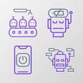 Set line Robot, Turn off robot from phone, low battery charge and Industrial production robots icon. Vector