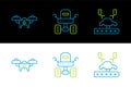 Set line Robotic robot arm on factory, Drone and Mars rover icon. Vector