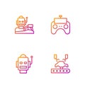 Set line Robotic robot arm on factory, , humanoid driving car and Remote control. Gradient color icons. Vector