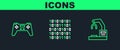 Set line Robotic robot arm hand factory, Gamepad and Binary code icon. Vector Royalty Free Stock Photo
